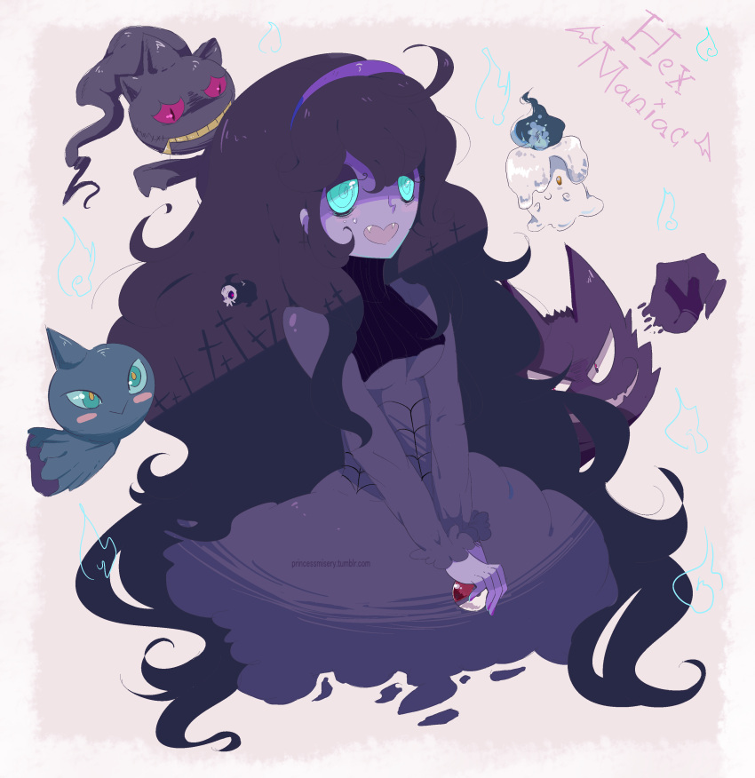 1girl absurdres ahoge al_bhed_eyes aqua_eyes bags_under_eyes banette blue_fire blush_stickers candle claws duskull fangs fire ghost grin haunter hex_maniac_(pokemon) highres horn litwick long_hair messy_hair nail_polish name_tag open_mouth poke_ball pokemon pokemon_(creature) pokemon_(game) pokemon_xy purple_skin shuppet skull_mask smile tuxedocake watermark zipper