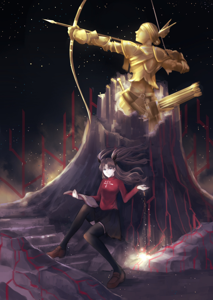 1girl absurdres archer_class_(fate/stay_night) black_legwear book bow_(weapon) fate/stay_night fate_(series) highres l'&eacute;pice statue tohsaka_rin toosaka_rin two_side_up weapon