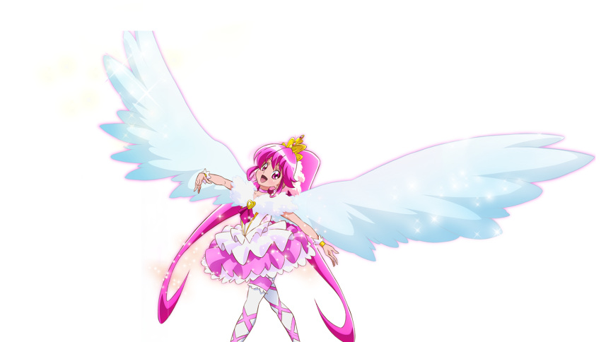 1girl :d aino_megumi artist_request ballerina cure_lovely happinesscharge_precure! highres long_hair magical_girl official_art open_mouth outstretched_arms pantyhose pink_eyes pink_hair pink_skirt precure skirt smile solo sparkle spread_arms super_happiness_lovely tiara twintails white_legwear wings wrist_cuffs