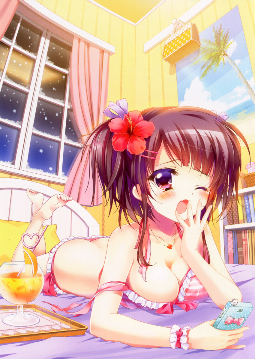 1girl absurdres arm_support barefoot bed bikini blush bookshelf breasts brown_hair butt_crack cellphone cleavage curtains drink flower frilled_bikini frills hair_flower hair_ornament highres ichi_rin jewelry long_hair lying necklace on_stomach original phone ponytail shiny shiny_skin snow solo striped striped_bikini striped_swimsuit swimsuit tears untied violet_eyes window yawning