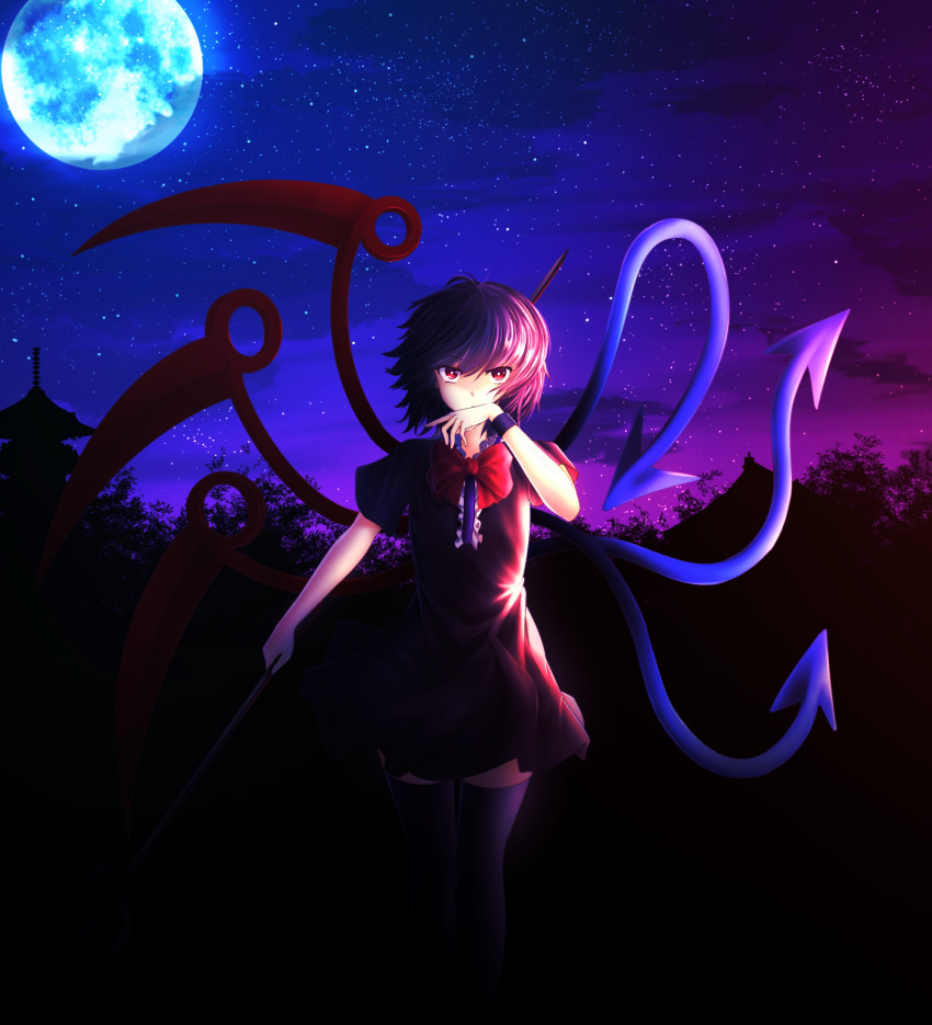 1girl architecture asymmetrical_wings backlighting black_dress black_hair bowtie building covering_mouth dress east_asian_architecture full_moon highres holding houjuu_nue juji looking_at_viewer moon night night_sky outdoors polearm short_hair short_sleeves silhouette sky solo standing star_(sky) starry_sky thigh-highs touhou tree trident weapon wings wristband zettai_ryouiki