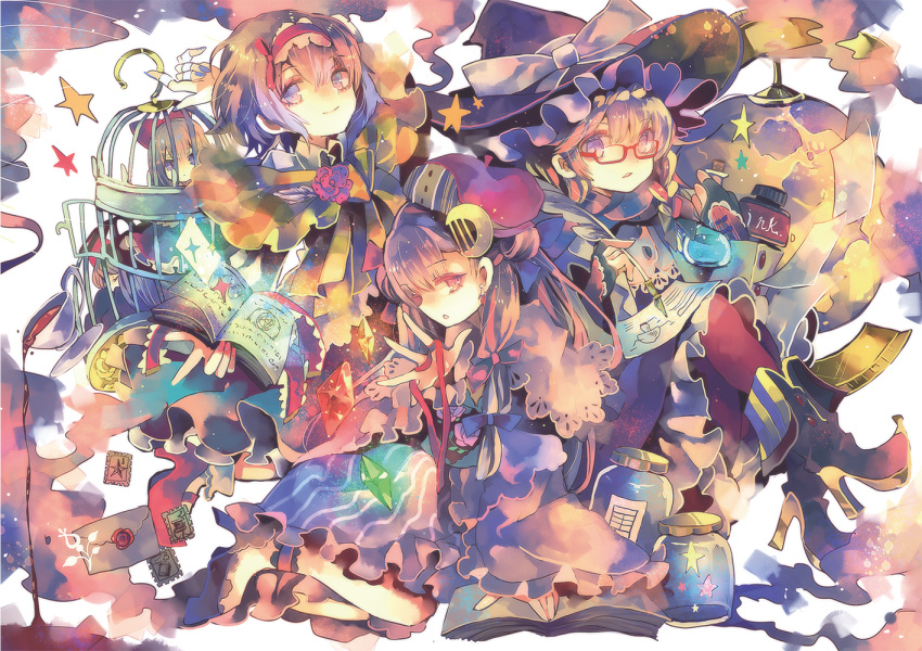 3girls adapted_costume alice_margatroid blonde_hair blue_eyes book bottle bow capelet cha_goma crescent_hair_ornament hair_ornament hairband hat hat_bow kirisame_marisa multiple_girls patchouli_knowledge purple_hair sash shanghai_doll touhou violet_eyes witch_hat