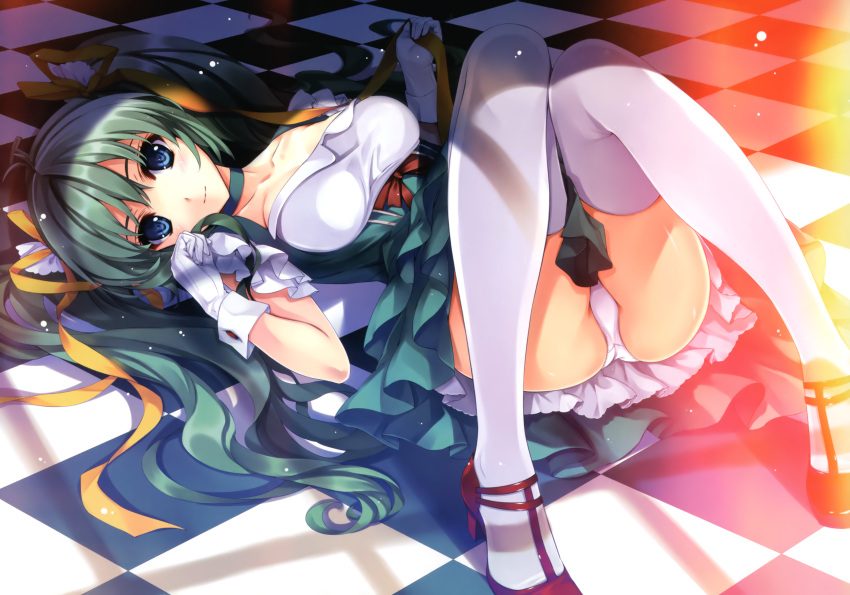1girl absurdres blue_eyes breasts checkered checkered_floor gloves green_hair high_heels highres knees_together_feet_apart knees_up lying melon-chan melonbooks misaki_kurehito panties twintails underwear white_gloves white_panties