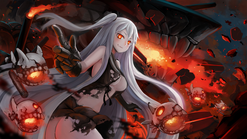 1girl aircraft_carrier_hime ass breasts cannon crop_top crop_top_overhang dress gauntlets grin highres kantai_collection large_breasts long_hair looking_at_viewer looking_to_the_side machinery outstretched_arms pale_skin pleated_skirt red_eyes sailor_collar sekigan shinkaisei-kan side_ponytail skirt sleeveless sleeveless_dress smile solo spread_arms standing torn_clothes torn_dress turret twisted_torso under_boob very_long_hair white_hair