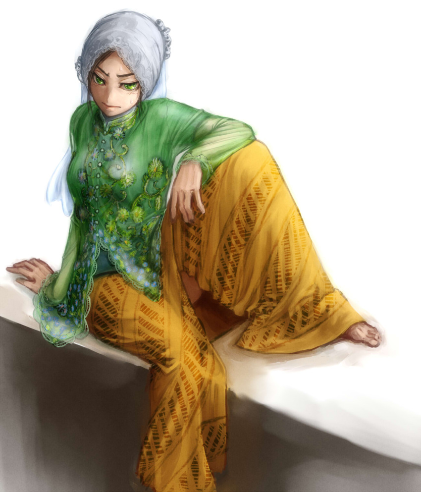 1girl barefoot black_hair blush ceramic_man dark_skin embarrassed floral_print head_scarf highres lace long_sleeves original pants pose sitting solo sweatdrop white_background yellow_pants