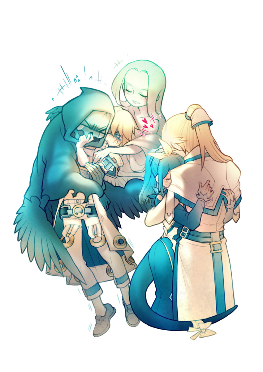 asymmetrical_wings blonde_hair blue_hair bow dizzy eyepatch family father_and_son guilty_gear guilty_gear_2 highres hug husband_and_wife ky_kiske long_hair mother_and_son necro ponytail red_eyes ribbon san_(winteroll) sin_kiske skull tail tail_ribbon tears twintails undine_(guilty_gear) wings