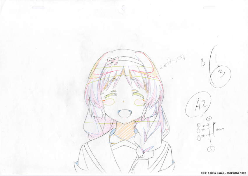 :d closed_eyes colored commentary eyebrows inou-battle_wa_nichijou-kei_no_naka_de key_frame kushikawa_hatoko long_hair official_art open_mouth partially_colored production_art production_note school_uniform sketch smile thick_eyebrows trigger_(company) white_background