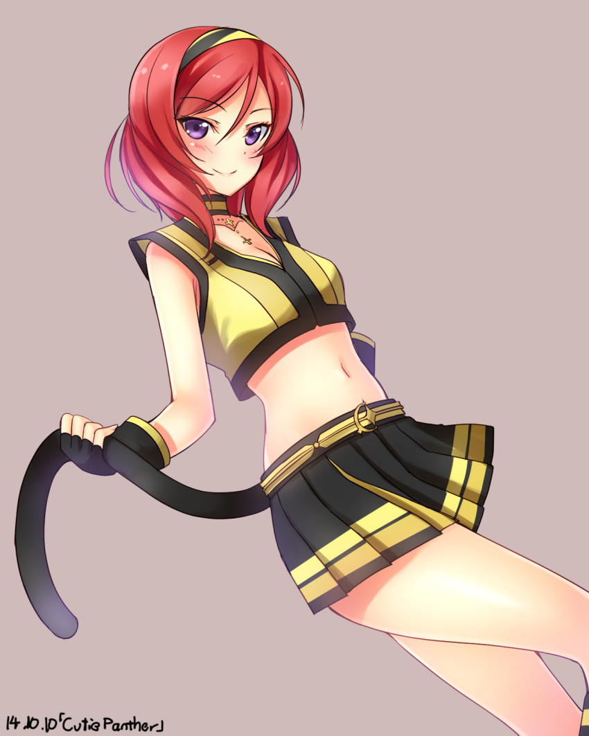 1girl alternate_costume bare_shoulders blush breasts cleavage collarbone hairband highres kemonomimi_mode looking_at_viewer love_live!_school_idol_project midriff miniskirt nishikino_maki pleated_skirt redhead short_hair skirt skirt_set smile tail tail_grab violet_eyes yu-ta