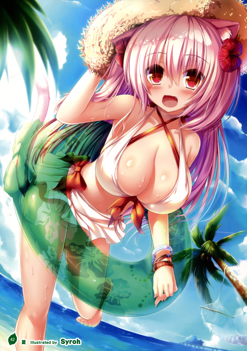 1girl :d absurdres animal_ears artist_name beach bikini bikini_skirt bracelet breasts cat_ears cat_tail cleavage clouds collarbone criss-cross_halter dutch_angle fang flower hair_flower hair_ornament halter_top halterneck hammock hat hibiscus highres innertube jewelry large_breasts long_hair looking_at_viewer ocean open_mouth original palm_tree pink_eyes pink_hair sand see-through shia_flatpaddy shiny shiny_skin sky smile solo straw_hat sweat swimsuit syroh tail tree watermark white_bikini white_swimsuit