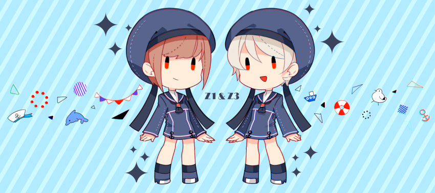 2girls :d alternate_eye_color anchor animal aooni bird blonde_hair blue_background brown_hair chibi chromatic_aberration dolphin hat highres innertube kantai_collection long_sleeves military military_uniform multiple_girls neckerchief open_mouth red_eyes sailor_collar sailor_hat seagull short_hair smile sparkle striped striped_background uniform z1_leberecht_maass_(kantai_collection) z3_max_schultz_(kantai_collection)