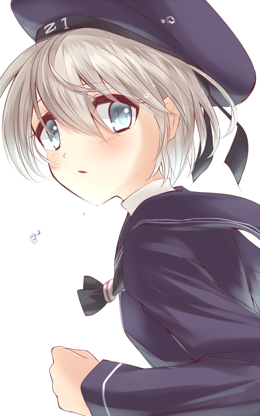 1girl blue_eyes blush clothes_writing hat highres hiraga_pikurosu kantai_collection long_sleeves military military_uniform neckerchief open_mouth sailor_collar sailor_hat short_hair silver_hair simple_background solo uniform white_background z1_leberecht_maass_(kantai_collection)