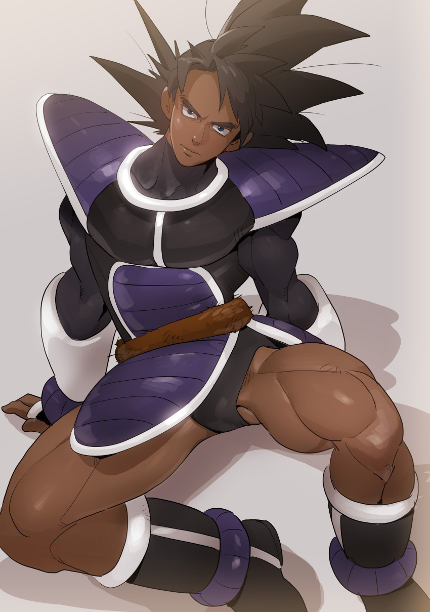 1boy absurdres arm_support armor blue_eyes boots brown_hair dark_skin dragon_ball dragon_ball_z fingerless_gloves gloves highres looking_at_viewer male monkey_tail muscle pauldrons sitting solo spiky_hair spread_legs supobi tail turles