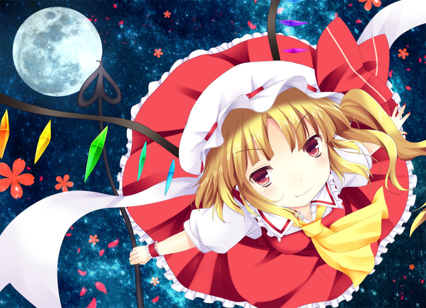 1girl ajiriko ascot blonde_hair bow dress flandre_scarlet full_moon hat hat_bow laevatein looking_at_viewer mob_cap moon night puffy_short_sleeves puffy_sleeves red_dress red_eyes sash shirt short_sleeves side_ponytail sky smile solo star_(sky) starry_sky touhou wrist_cuffs