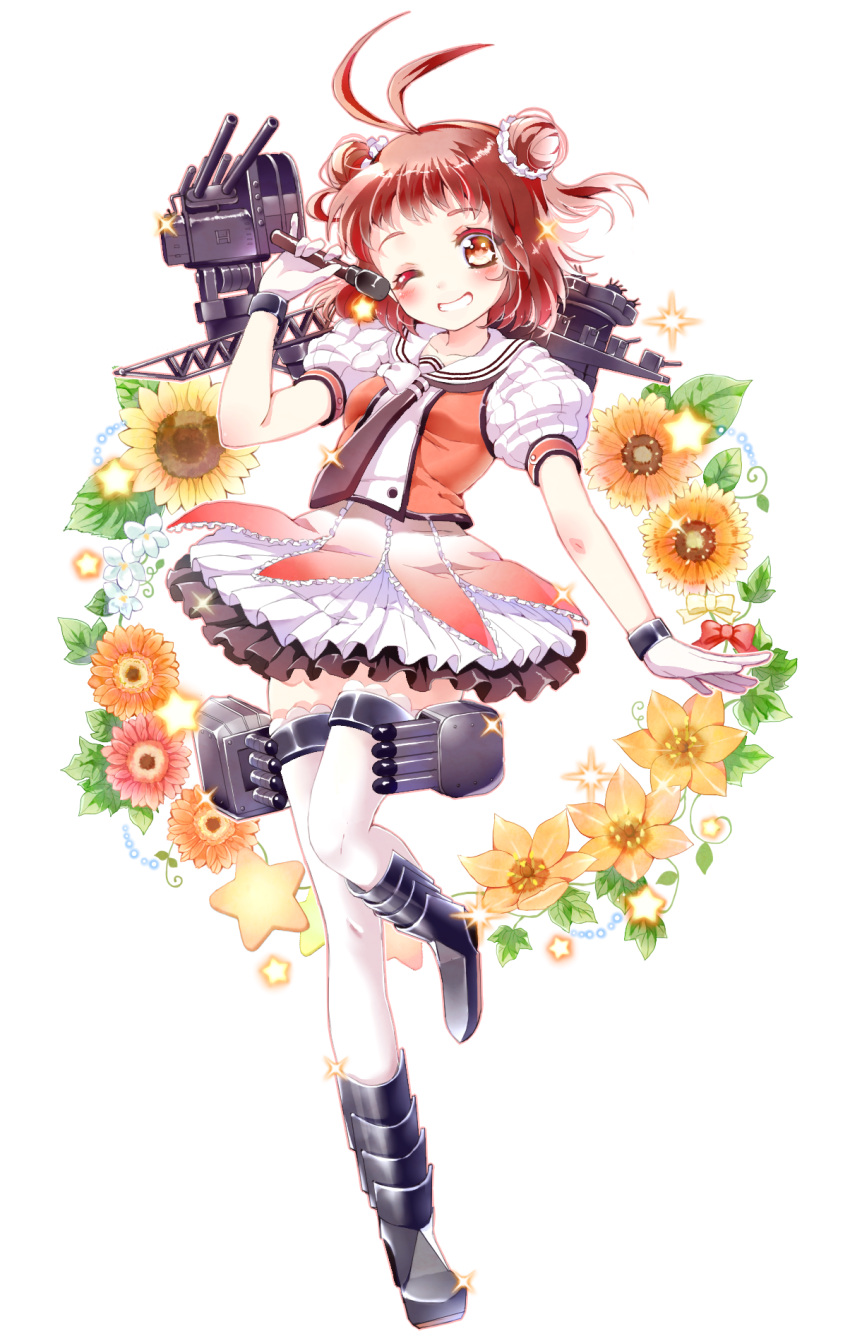 1girl brown_hair double_bun dress flower gloves grin highres kantai_collection microphone naka_(kantai_collection) one_eye_closed piano_(mymel0v) short_hair smile turret uniform