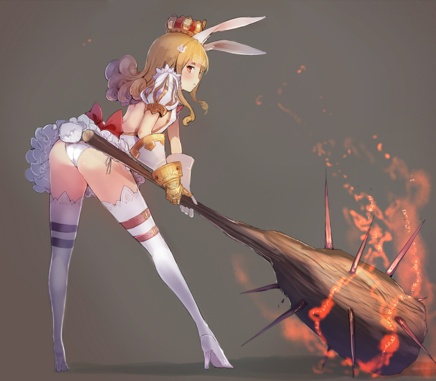 1girl :3 animal_ears ass backless_outfit bangs bare_back blonde_hair blunt_bangs bunny_hair_ornament bunny_tail club crown fire flat_chest frilled_skirt frills from_behind gauntlets grey_background hair_ornament high_heels highres holding_weapon leaning_forward legs_apart long_hair looking_back miniskirt original panties payot puffy_short_sleeves puffy_sleeves rabbit_ears red_eyes ribbon short_sleeves side-tie_panties skirt solo spiked_club standing sumisu_(mondo) tagme tail thigh-highs underwear weapon white_legwear white_panties white_shoes