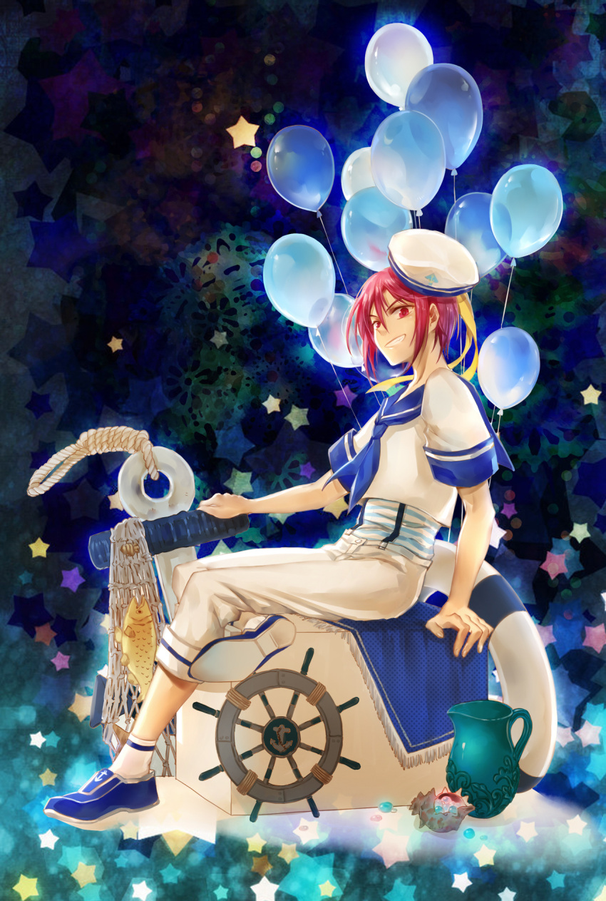 1boy anchor balloon child fang free! grin hat highres huazha01 male matsuoka_rin open_mouth red_eyes redhead sailor sailor_hat short_hair smile solo younger