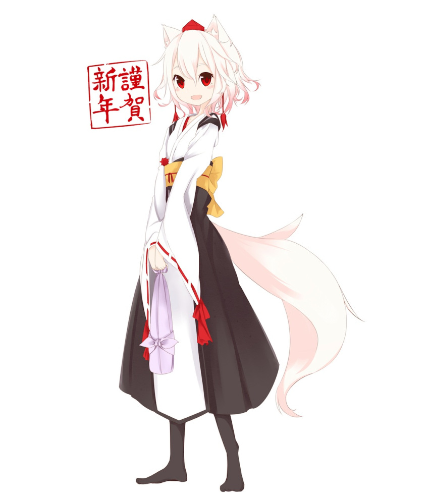 1girl animal_ears black_legwear blush collarbone detached_sleeves hat highres inubashiri_momiji kourindou_tengu_costume long_sleeves looking_at_viewer open_mouth pantyhose pom_pom_(clothes) red_eyes short_hair silver_hair simple_background smile solo tail tokin_hat touhou translation_request v_arms white_background wolf_ears wolf_tail