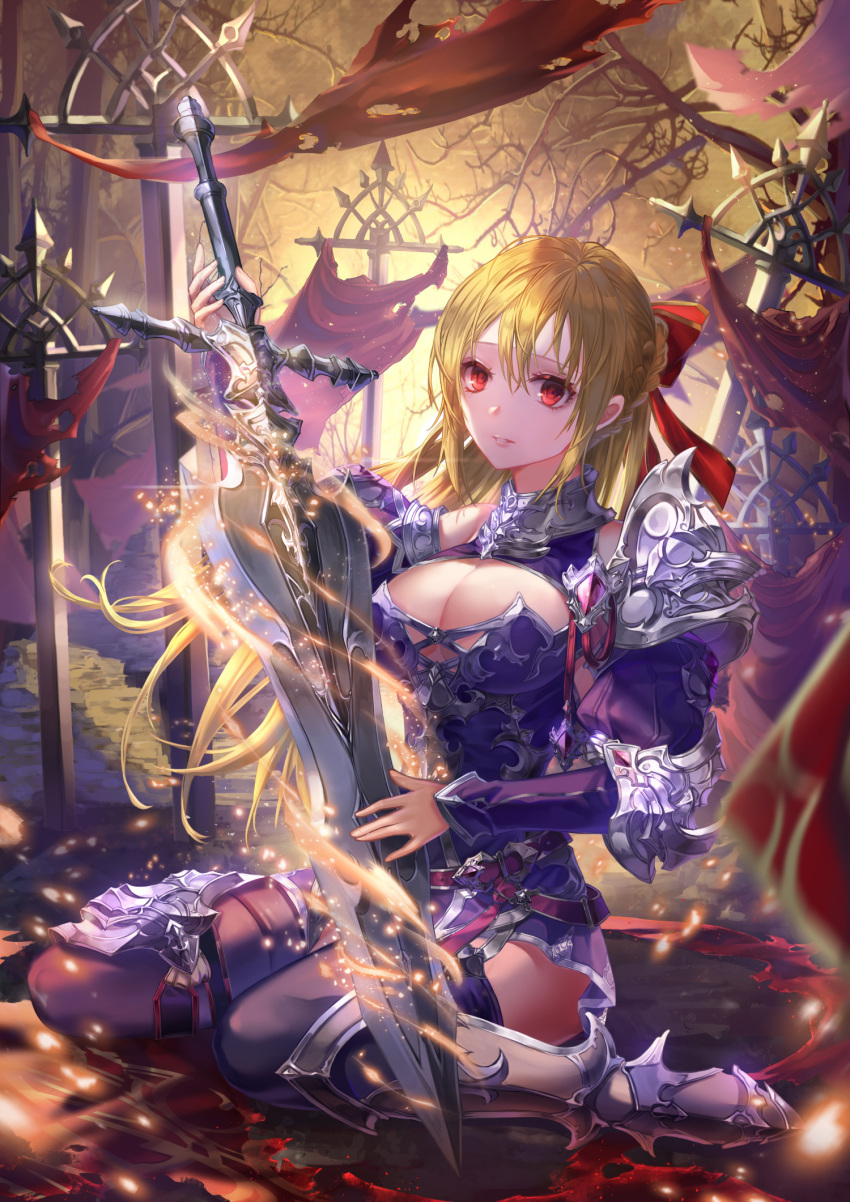 1girl armor bangs bare_shoulders blonde_hair blurry bow braid breasts depth_of_field detached_sleeves full_body glowing glowing_weapon highres holding holding_sword holding_weapon large_breasts looking_at_viewer original red_bow red_eyes shaded_face shenteita sitting solo sparks sword thigh-highs wariza weapon