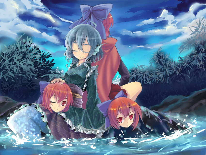 2girls ahoge blue_hair blue_sky bow cape closed_eyes clouds expressionless frilled_sleeves frills hair_bow head_fins highres japanese_clothes kimono ko_kita long_sleeves mermaid monster_girl multiple_girls multiple_heads night night_sky obi outdoors plant pleated_skirt red_eyes redhead sash sekibanki sitting_on_rock skirt sky sleeves_past_wrists smile touhou wakasagihime wallpaper water