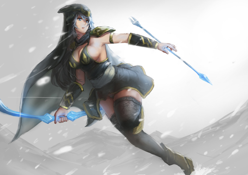 1girl arrow ashe_(league_of_legends) black_clothes black_legwear blue_eyes bow_(weapon) breasts cape cleavage dress hood league_of_legends lips long_hair open_mouth short_dress short_hair sideboob silver_hair sky_of_morika snowing solo spaulders thigh-highs weapon white_hair zettai_ryouiki