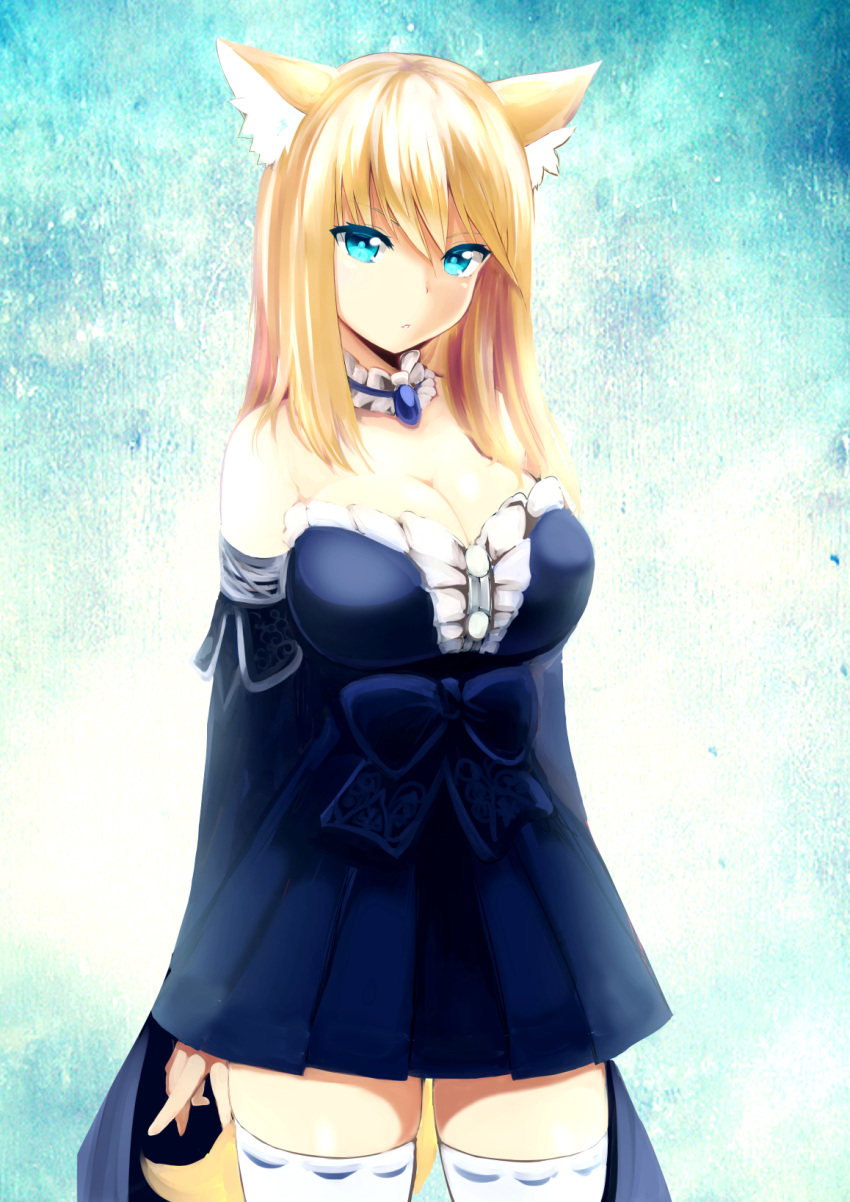 1girl animal_ears aoi_(naomi) bare_shoulders blonde_hair blue_dress blue_eyes bow breasts cleavage dress fox_ears fox_tail highres large_breasts long_hair looking_at_viewer miniskirt naomi_(sekai_no_hate_no_kissaten) original parted_lips skirt solo tail thigh-highs white_legwear zettai_ryouiki