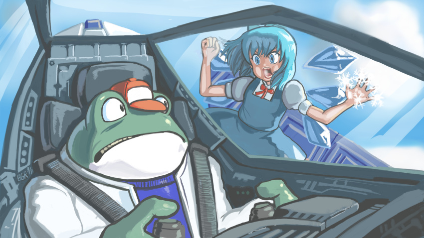 1girl against_glass blue_eyes blue_hair bow cirno frog hair_bow hat highres pilot piloting profitshame slippy_toad snowflakes star_fox steam touhou wings