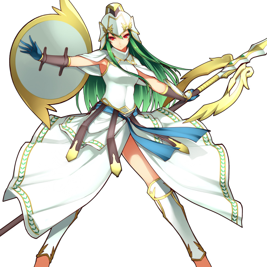 1girl :&lt; absurdres armor athena_(p&amp;d) breastplate dean dress gloves green_hair helmet highres holding holding_weapon long_hair outline polearm puzzle_&amp;_dragons red_eyes shield simple_background solo spear vambraces weapon white_background white_dress