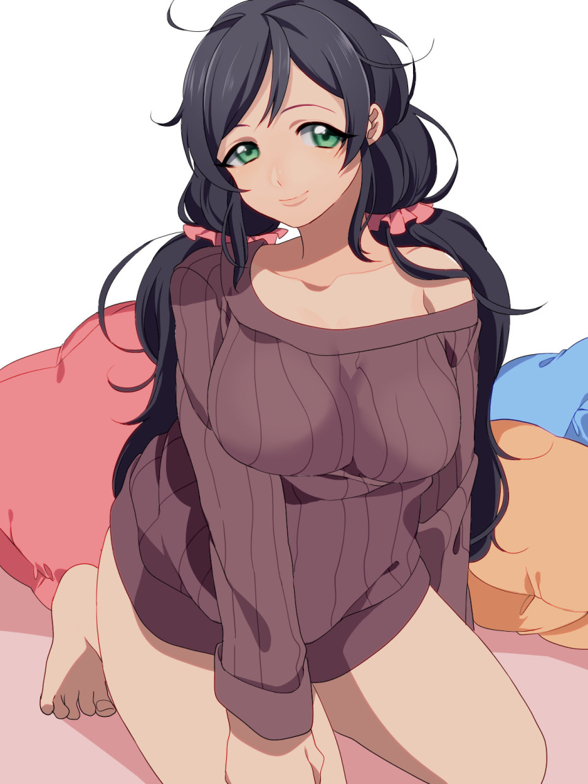 1girl alternate_hair_color barefoot black_hair breasts collarbone green_eyes highres kneeling looking_at_viewer love_live!_school_idol_project messy_hair mihatarou off_shoulder pillow ribbed_sweater smile solo sweater toujou_nozomi twintails