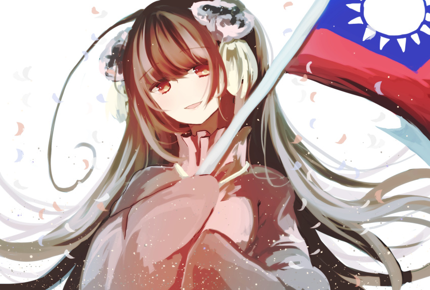 1girl ahoge axis_powers_hetalia brown_hair china_dress chinese_clothes dress flag flower hair_flower hair_ornament highres holding huge_ahoge light_smile long_hair long_sleeves meizipa open_mouth petals pink_dress pink_eyes republic_of_china_flag simple_background sleeves_past_wrists solo taiwan_(hetalia) white_background