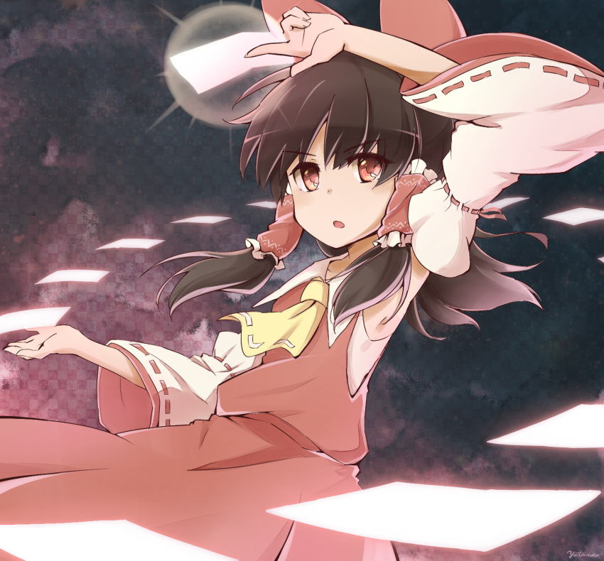 1girl artist_name ascot bare_shoulders bow brown_hair collarbone cowboy_shot detached_sleeves dress flat_chest hair_bow hair_ornament hair_tubes hakurei_reimu hand_up highres long_hair looking_at_viewer open_mouth red_dress red_eyes ribbon ribbon-trimmed_sleeves ribbon_trim skirt skirt_set solo touhou yutamaro