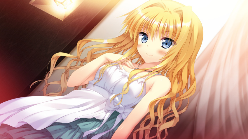 1girl bare_shoulders blonde_hair blue_eyes blush casual dutch_angle eve_elain_austin game_cg hand_on_own_chest highres jewelry koiken_otome lamp long_hair looking_at_viewer necklace official_art smile solo tateha_(artist) wavy_hair