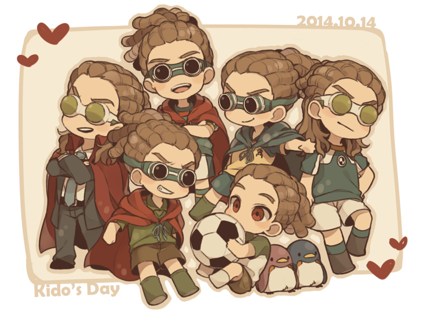 6+boys ball bird brown_hair cape dated formal goggles grin hairlocs heart inazuma_eleven inazuma_eleven_(series) inazuma_eleven_go inazuma_eleven_go_vs_danball_senki_w inazuma_japan inazuma_legend_japan kidou_yuuto male multiple_boys multiple_persona necktie open_mouth penguin raimon raimon_soccer_uniform saku_anna smile soccer_ball soccer_uniform sportswear suit teikoku teikoku_soccer_uniform telstar