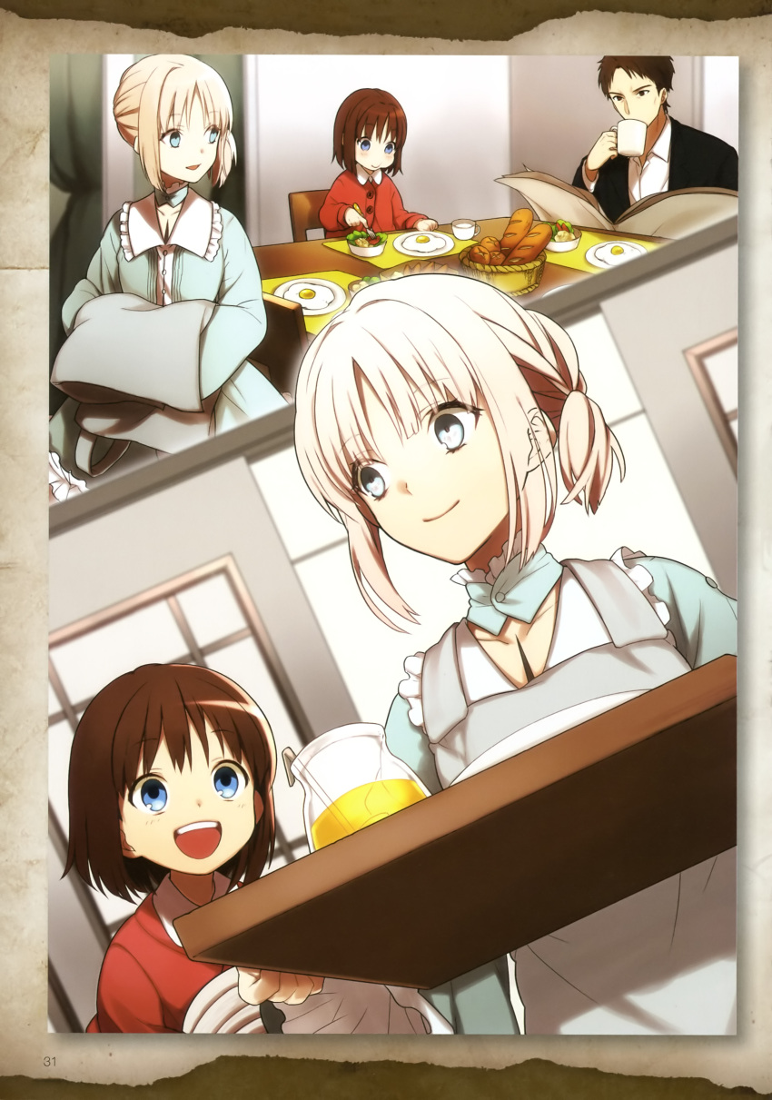 absurdres ayaka's_father_(fate/prototype) blonde_hair brown_hair eating family fate/prototype:_fragments_of_blue_and_silver highres mu_tation official_art sajou_ayaka sajou_manaka side_ponytail younger