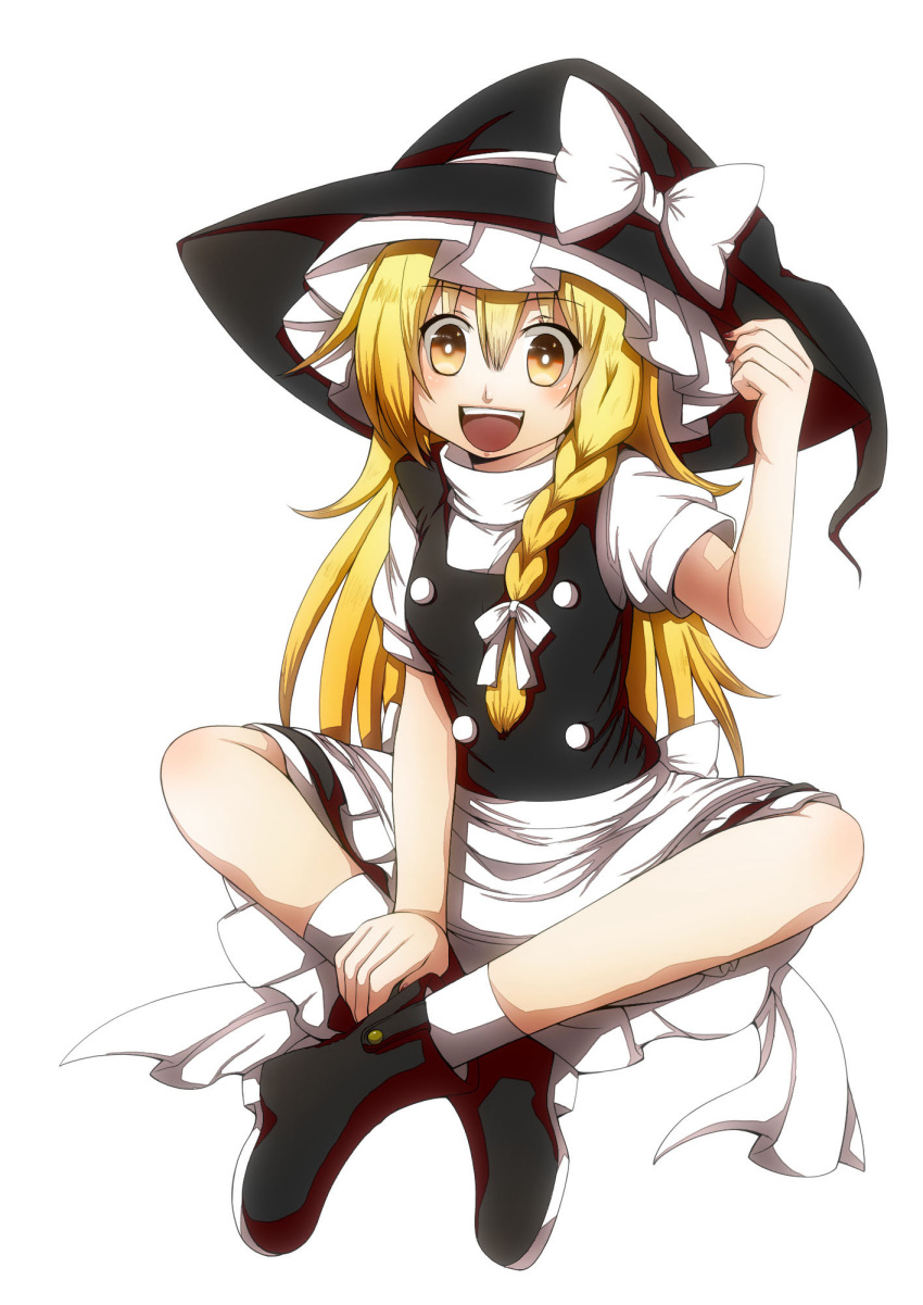 1girl apron black_boots black_dress blonde_hair boots bow braid butterfly_sitting dress hair_bow happy hat hat_bow highres kirisame_marisa long_hair looking_at_viewer open_mouth puffy_short_sleeves puffy_sleeves sash shirt short_sleeves simple_background single_braid sitting skirt skirt_set smile socks solo touhou turtleneck vest waist_apron white_background white_legwear witch witch_hat yellow_eyes