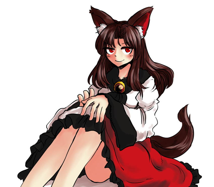 1girl animal_ears blush brooch brown_hair collarbone dress highres imaizumi_kagerou jewelry long_hair looking_at_viewer red_eyes simple_background sitting smile solo tail toluda touhou white_background wolf_ears wolf_tail
