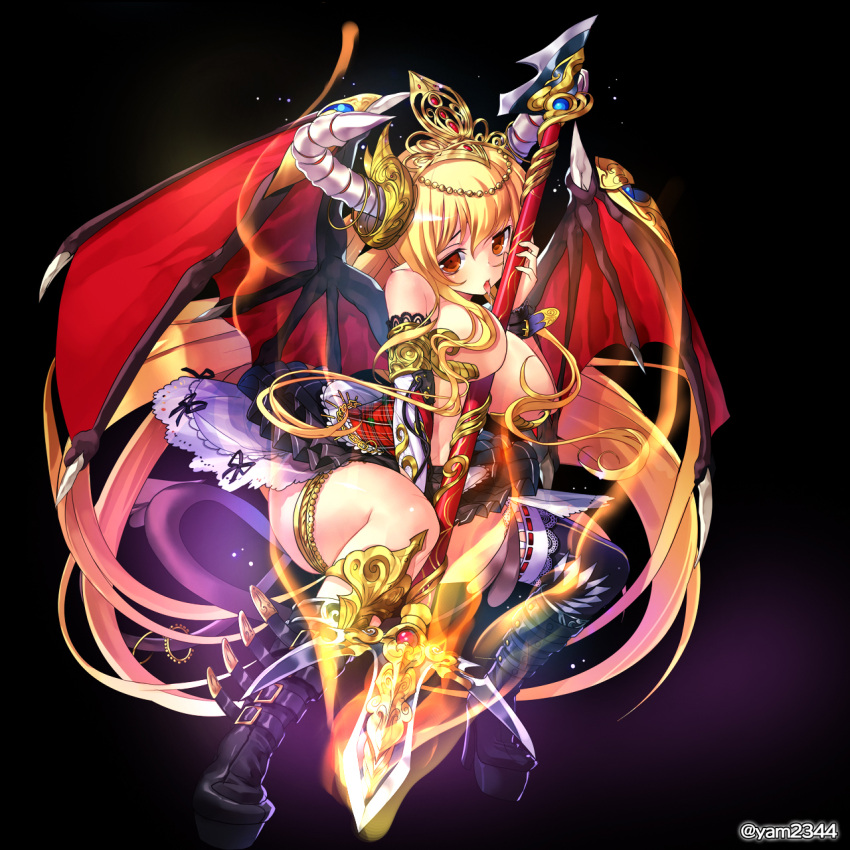 1girl armlet armor artist_name bare_shoulders between_breasts between_legs black_background black_boots black_legwear black_ribbon black_skirt blonde_hair blush boots breasts buckle cleavage demon_girl demon_horns demon_wings fire full_body highres holding_weapon horn_ring horns jewelry lace large_breasts light_particles long_hair looking_at_viewer microskirt miniskirt open_mouth orange_eyes original pleated_skirt pointy_ears polearm ribbon single_thighhigh skirt solo spear thigh-highs tiara tongue tongue_out twitter_username very_long_hair weapon wings yam2344