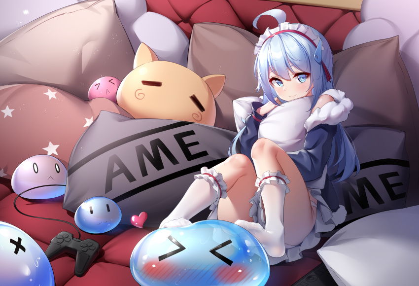 &gt;_&lt; 0_0 1girl :&lt; :3 absurdres ahoge bangs blue_eyes blue_hair blue_jacket blush chinese_commentary commentary_request controller creature dashed_eyes feet frilled_legwear full_body fur-trimmed_jacket fur_trim game_controller hair_between_eyes hair_ornament highres jacket k.t.cube kneehighs knees_up long_sleeves looking_at_viewer maid_headdress no_shoes off_shoulder original panties pillow pillow_hug skirt slime_(creature) smile solo toes underwear white_legwear white_panties white_skirt x_x |_|
