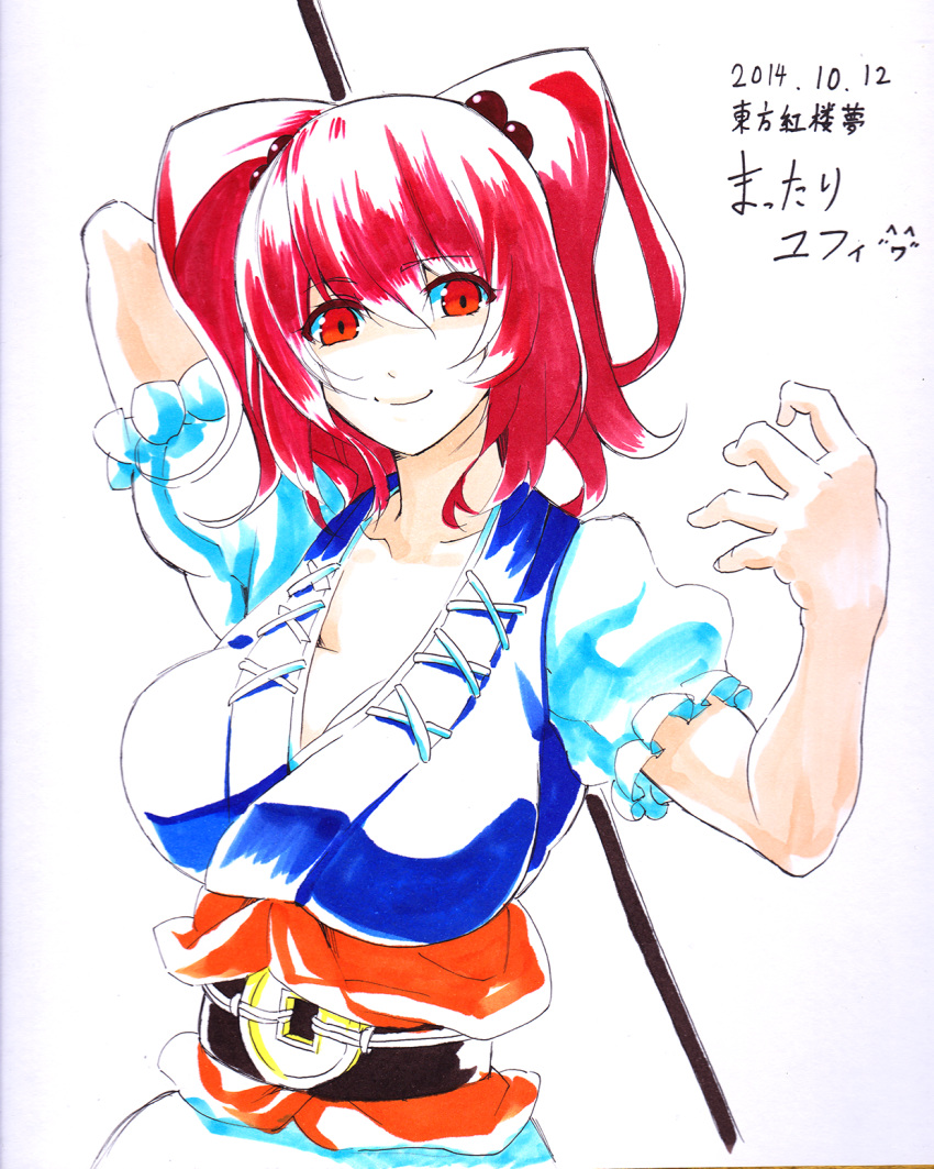 1girl arm_up breasts hair_bobbles hair_ornament highres large_breasts looking_at_viewer mattari_yufi onozuka_komachi red_eyes redhead short_hair smile solo touhou traditional_media two_side_up