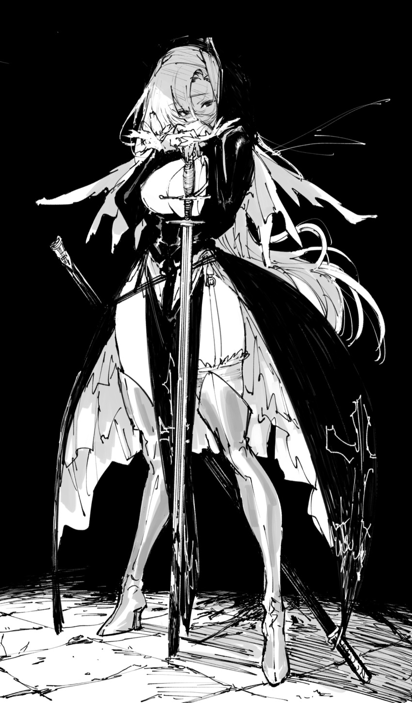 1girl blood blood_on_weapon blood_splatter boots crack cracked_floor cross cross_print dark frilled_thighhighs frills fur-trimmed_sleeves fur_trim garter_straps greyscale hair_between_eyes hand_on_hilt high_heel_boots high_heels highres holding holding_sword holding_weapon knee_boots long_hair looking_at_viewer monochrome nun original planted planted_sword sasami_(ki) scabbard sheath solo sword thigh-highs tile_floor tiles torn torn_clothes unsheathed weapon
