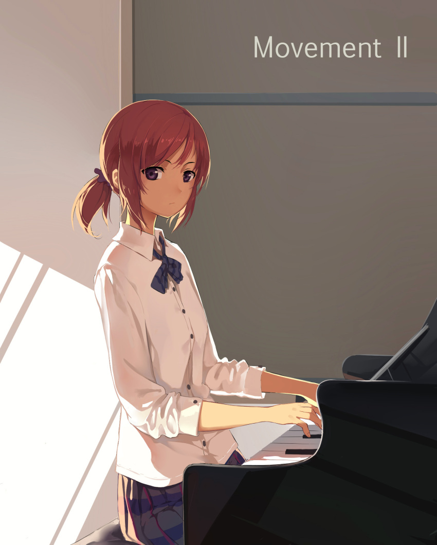 1girl blue_eyes bowtie gensou_kuro_usagi highres instrument looking_at_viewer love_live!_school_idol_project nishikino_maki payot piano playing_instrument redhead school_uniform serious shirt short_hair short_twintails sitting sleeves_pushed_up solo twintails violet_eyes white_shirt wing_collar