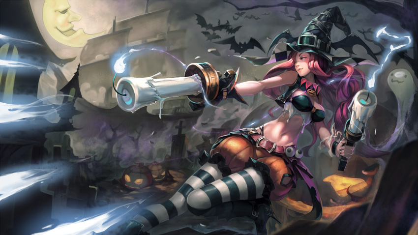 1girl bat belt boots breasts candle ghost gun halloween hat high_heels highres iorlvm jack-o'-lantern league_of_legends lips long_hair midriff miss_fortune moon navel sarah_fortune ship solo striped striped_legwear tombstone tree weapon witch_hat