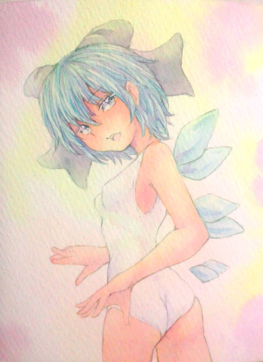 1girl alternate_costume blue_eyes blue_hair bow casual_one-piece_swimsuit cirno hair_bow highres ice ice_wings looking_at_viewer looking_back one-piece_swimsuit open_mouth pink_background short_hair small_breasts solo swimsuit touhou traditional_media twisted_torso watercolor_(medium) white_swimsuit wings yuyu_(00365676)
