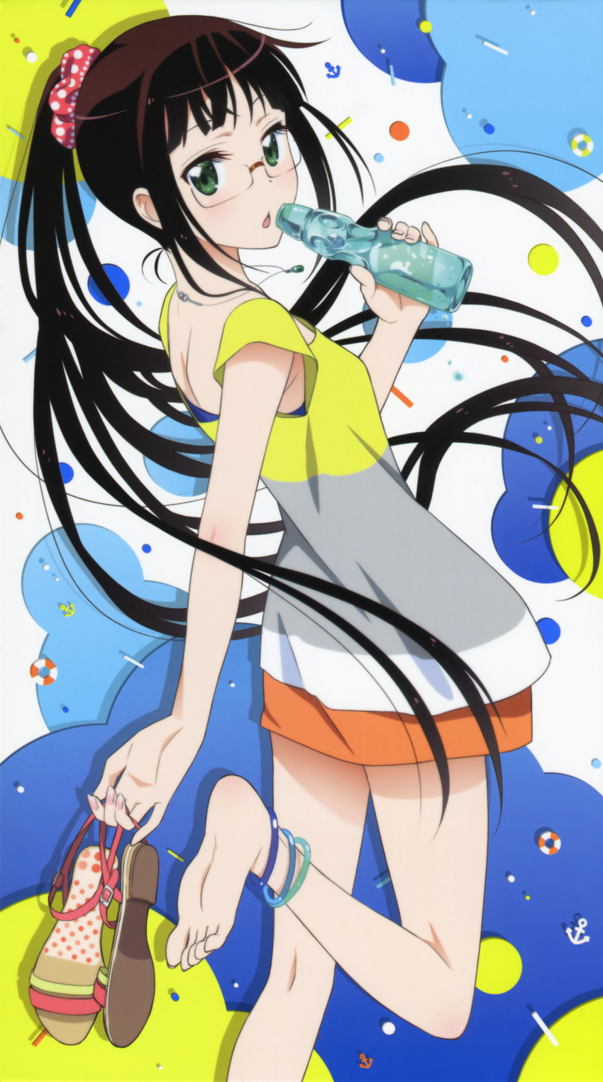 1girl absurdres anklet barefoot blush bottle brown_hair casual chestnut_mouth dress feet from_behind glasses green_eyes hair_ornament highres holding holding_shoes jewelry long_hair looking_at_viewer looking_back miyamoto_ruri necklace nisekoi official_art open_mouth ponytail ramune sandals sandals_removed scan scrunchie shoes_removed soles solo sugiyama_nobuhiro very_long_hair