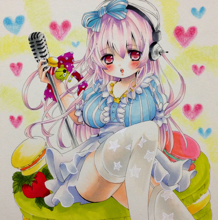 1girl blush bow breasts headphones highres large_breasts long_hair looking_at_viewer macaron microphone microphone_stand niko_(2ars) nitroplus open_mouth pink_hair red_eyes solo star_print super_sonico underwear vintage_microphone white_legwear