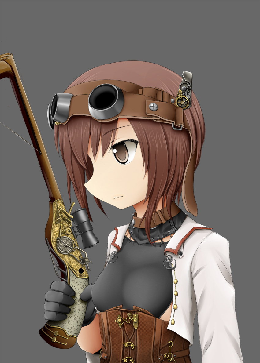 1girl adapted_costume black_gloves bow_(weapon) brown_eyes brown_hair bust crossbow gears gloves goggles goggles_on_head grey_background highres jacket kantai_collection profile scope short_hair simple_background solo steampunk sudo_shinren taihou_(kantai_collection) weapon