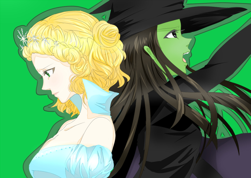 2girls back-to-back bare_shoulders black_hair blonde_hair blue_eyes dress elphaba glinda gown green_background green_skin hat long_hair multiple_girls open_mouth puffy_short_sleeves puffy_sleeves respawnmayomayo short_hair short_sleeves wicked witch witch_hat