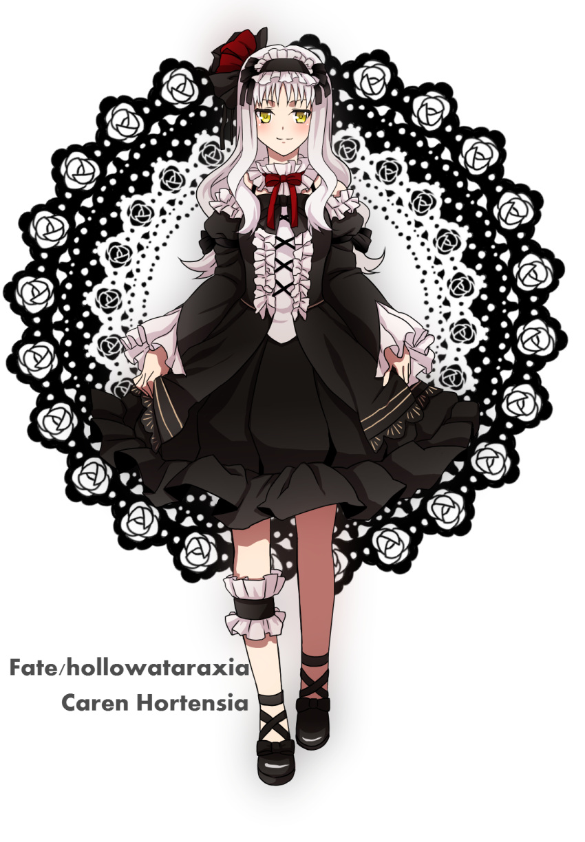 1girl blush caren_hortensia dairii doily fate/hollow_ataraxia fate_(series) frilled_skirt frills gothic_lolita highres lolita_fashion long_hair skirt skirt_hold solo white_hair yellow_eyes