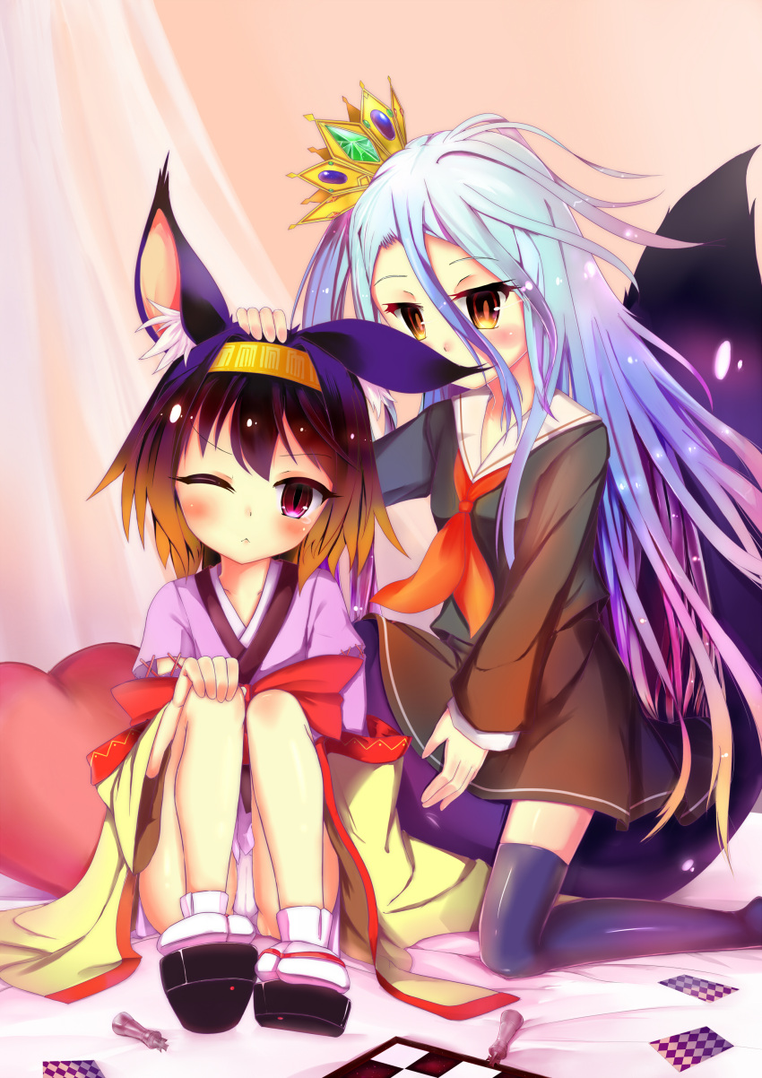 2girls ;&lt; absurdres animal_ears card chess_piece chessboard crown fox_ears fox_tail gradient_hair hand_on_another's_head hatsuse_izuna headband highres insanity japanese_clothes kimono long_hair multicolored_hair multiple_girls no_game_no_life panties pantyshot pantyshot_(sitting) pillow pink_hair playing_card sandals school_uniform serafuku shiro_(no_game_no_life) short_hair short_kimono silver_hair sitting sitting_on_tail slit_pupils tabi tail thigh-highs underwear very_long_hair violet_eyes yellow_eyes zettai_ryouiki