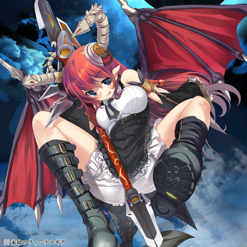 1girl :p armlet bare_shoulders belt black_boots bloomers blue_eyes blush body_blush boots buckle clouds coattails demon_girl demon_horns demon_wings detached_sleeves dress eigou_no_venus_gear flying frills highres horns jewelry lace lace-trimmed_dress long_hair long_sleeves necktie pointy_ears redhead short_dress sky sleeveless sleeveless_dress smile solo spread_legs tongue tongue_out underwear weapon wings yam2344
