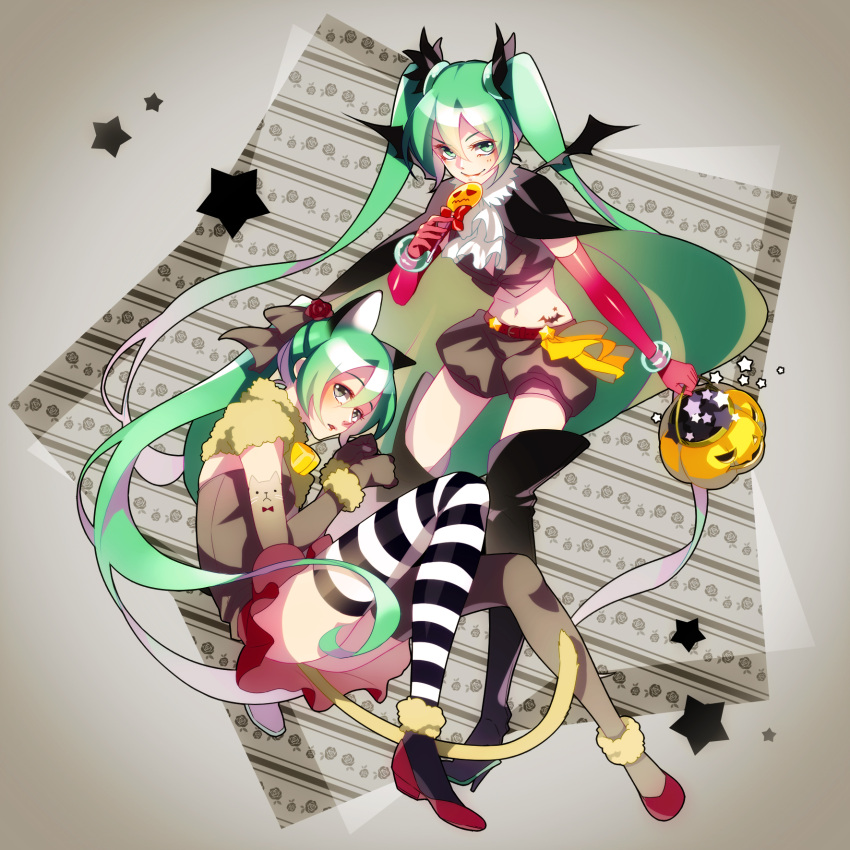 2girls animal_ears belt boots bracelet candy cape cat_ears cat_tail clone elbow_gloves gloves green_eyes green_hair halloween hatsune_miku high_heels highres jack-o'-lantern jewelry lollipop long_hair looking_at_viewer midriff mismatched_legwear multiple_girls navel shorts smile striped striped_legwear tail thigh-highs thigh_boots totsuki10 twintails very_long_hair vocaloid wings